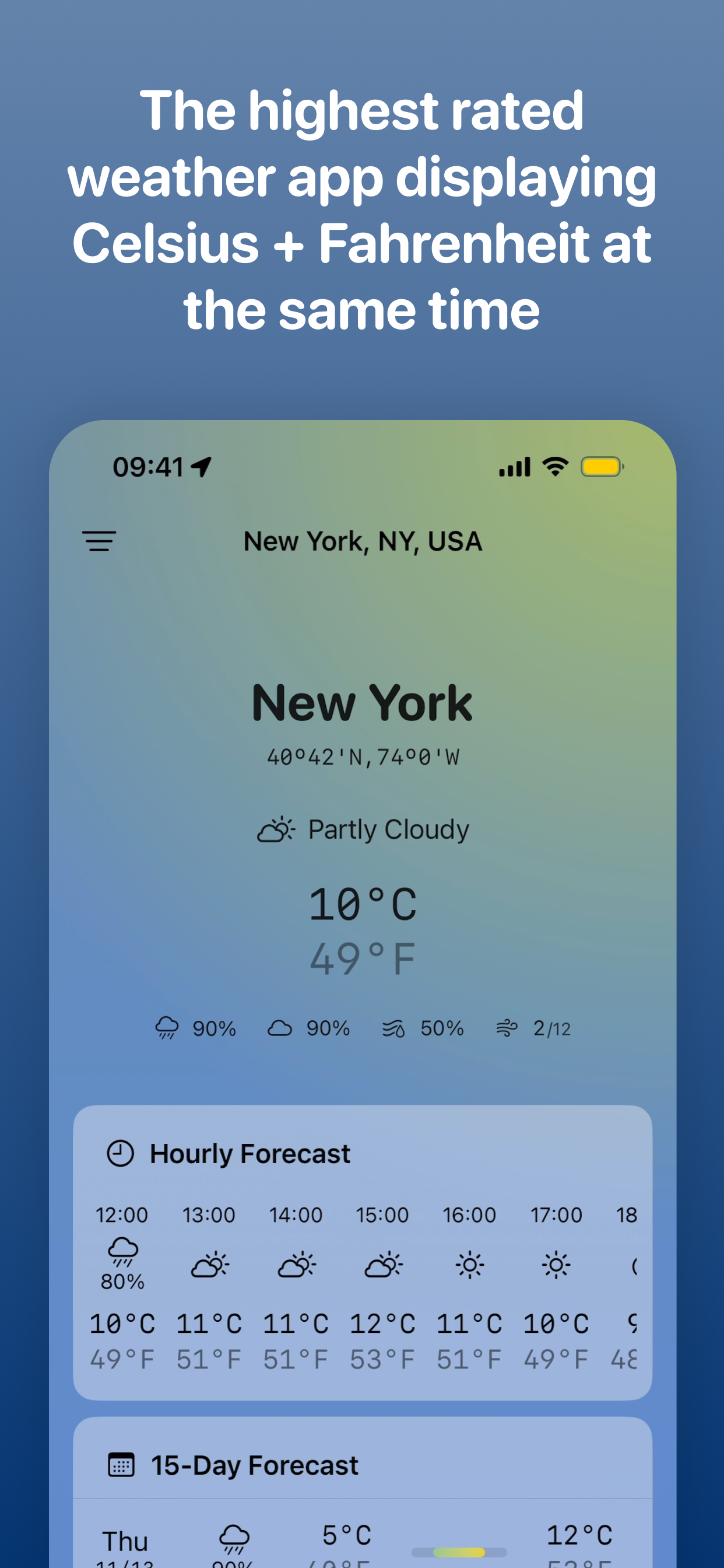 Franz Fahrenheit showing New York weather with Celsius and Fahrenheit displayed at the same time