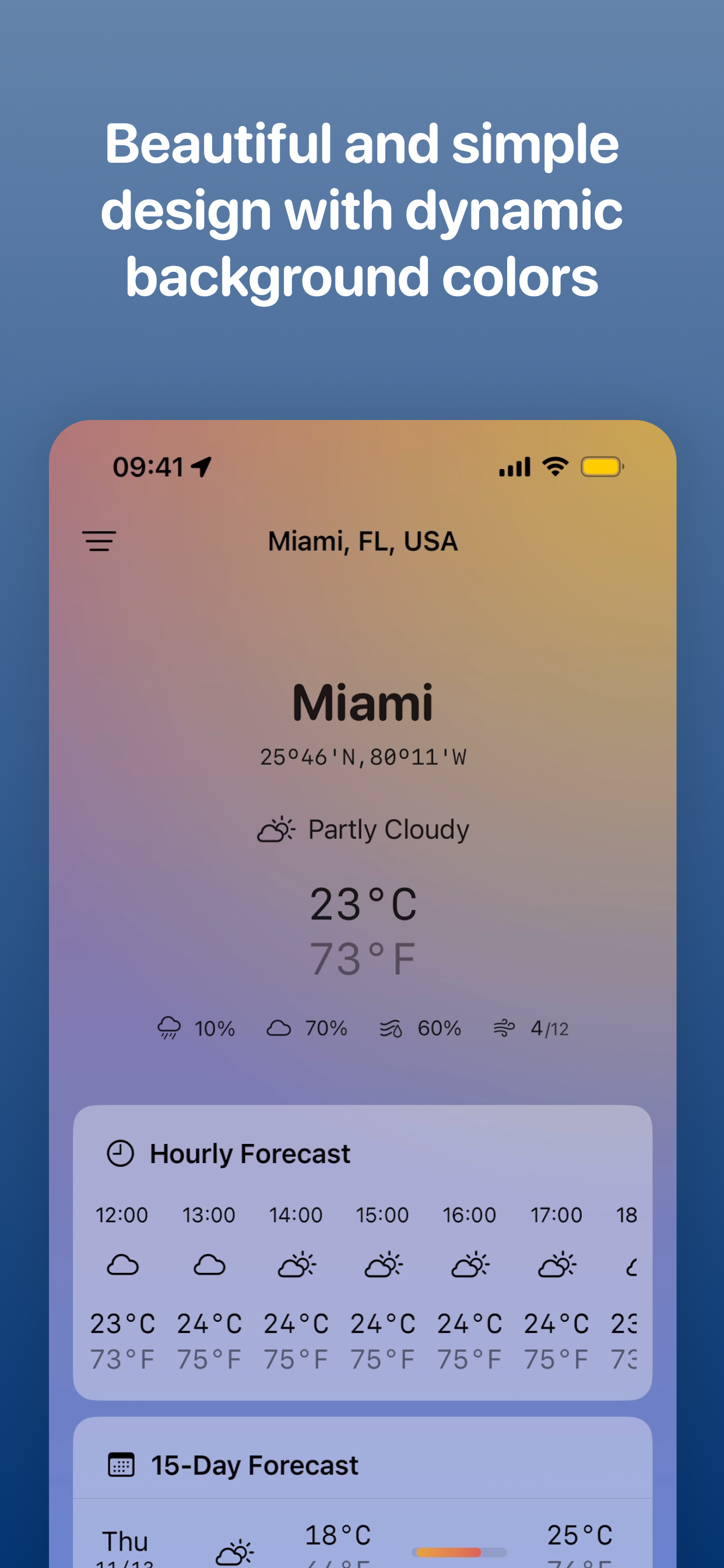 Franz Fahrenheit showing Miami weather with dynamic background colors