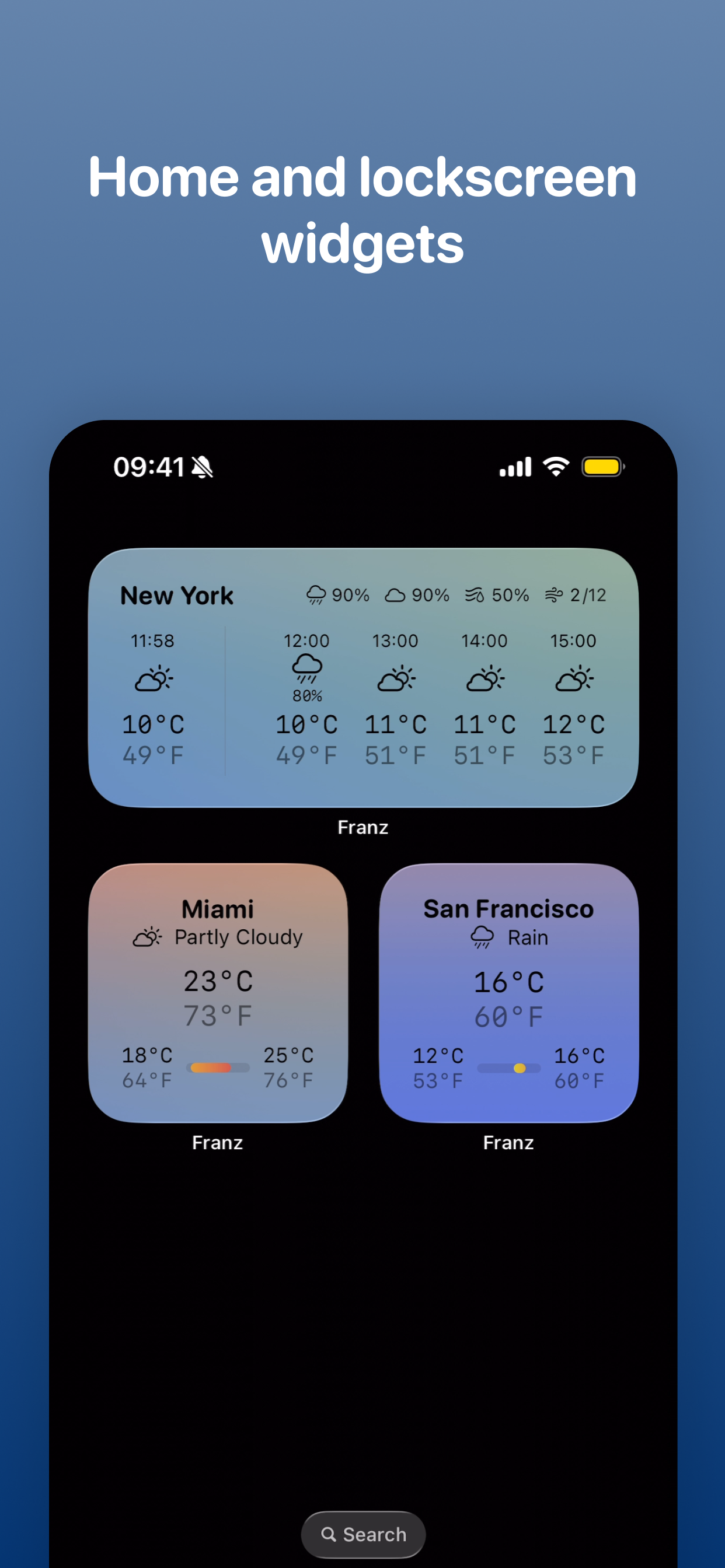 Home screen and lock screen widgets showing dual-temperature weather