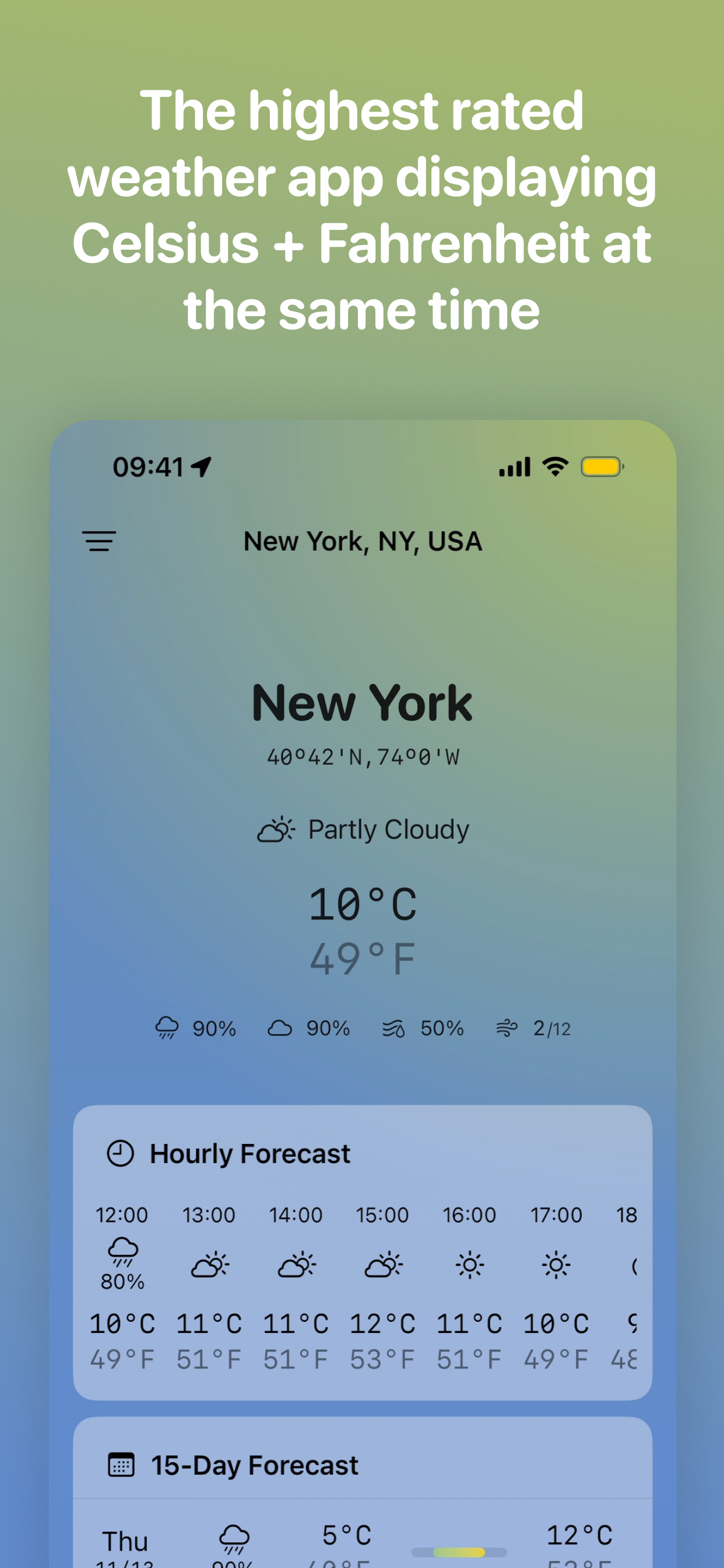 Franz Fahrenheit showing New York weather in Celsius and Fahrenheit