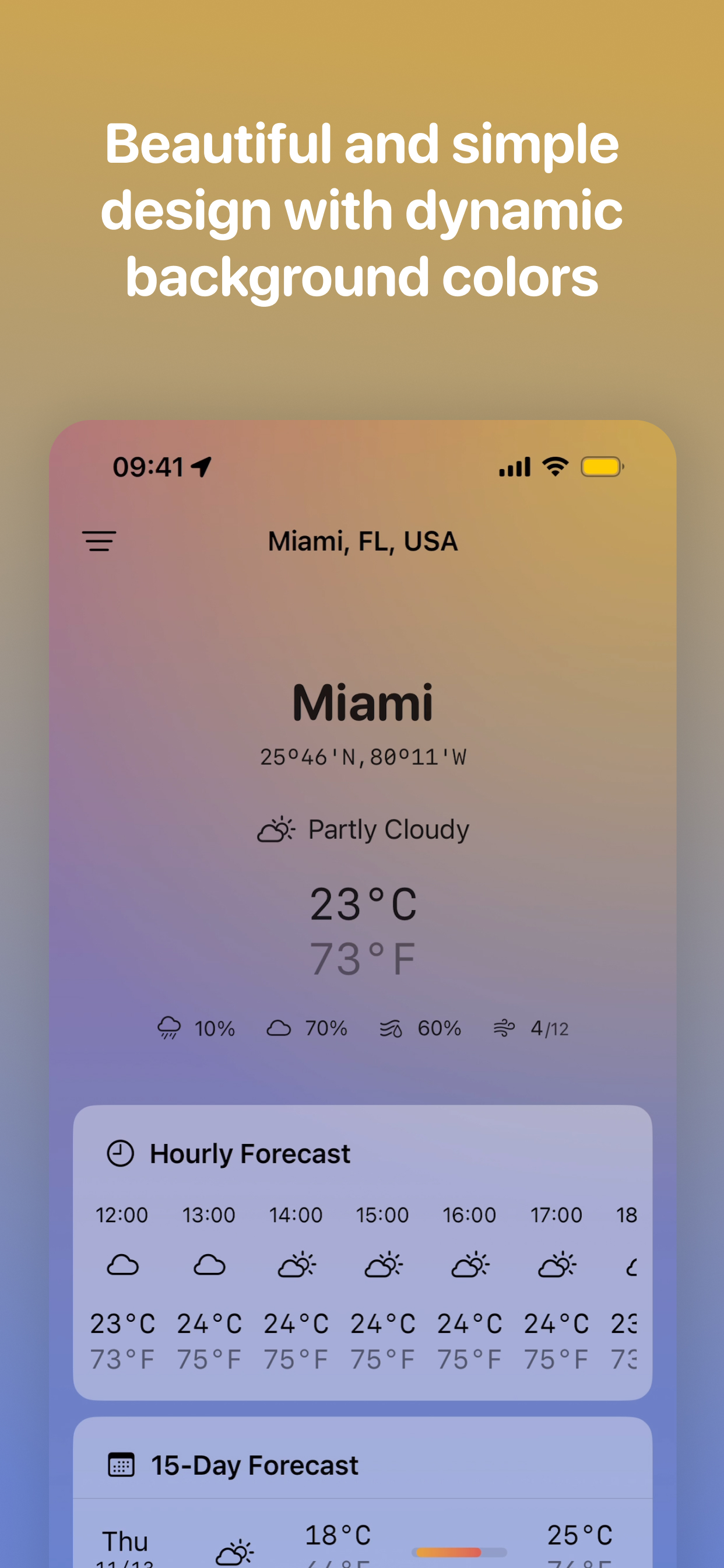 Franz Fahrenheit showing Miami weather with dynamic background color