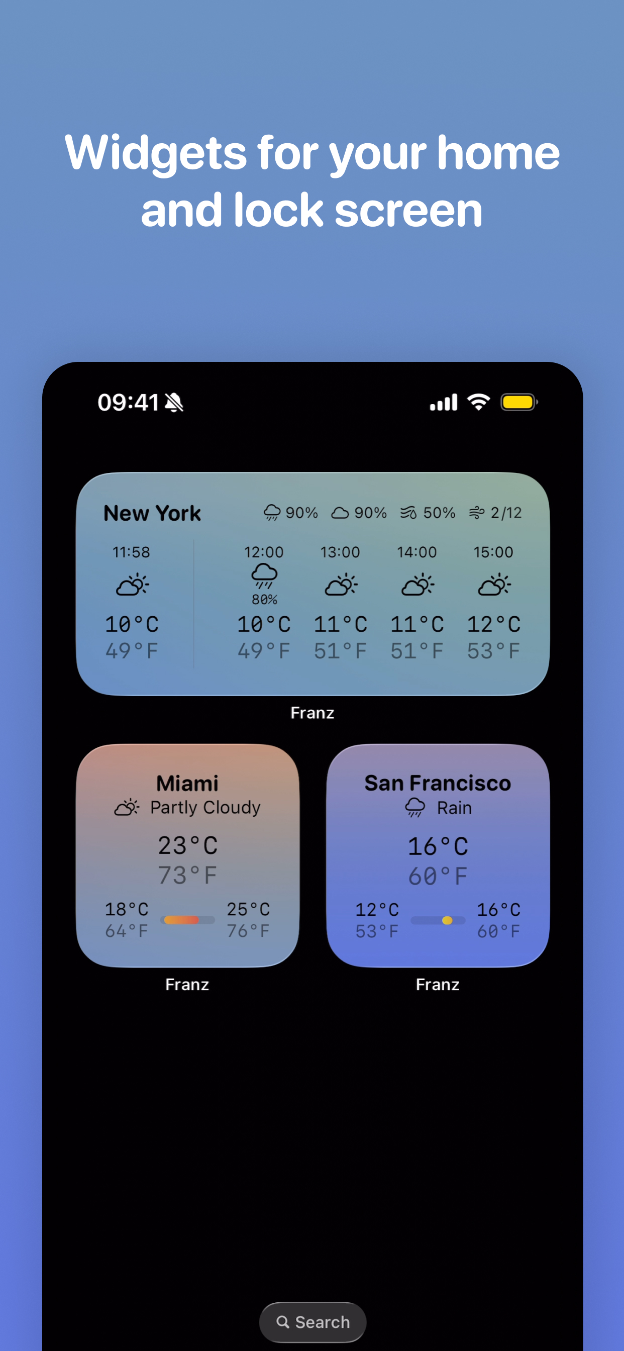 Home screen widgets showing dual-temperature weather