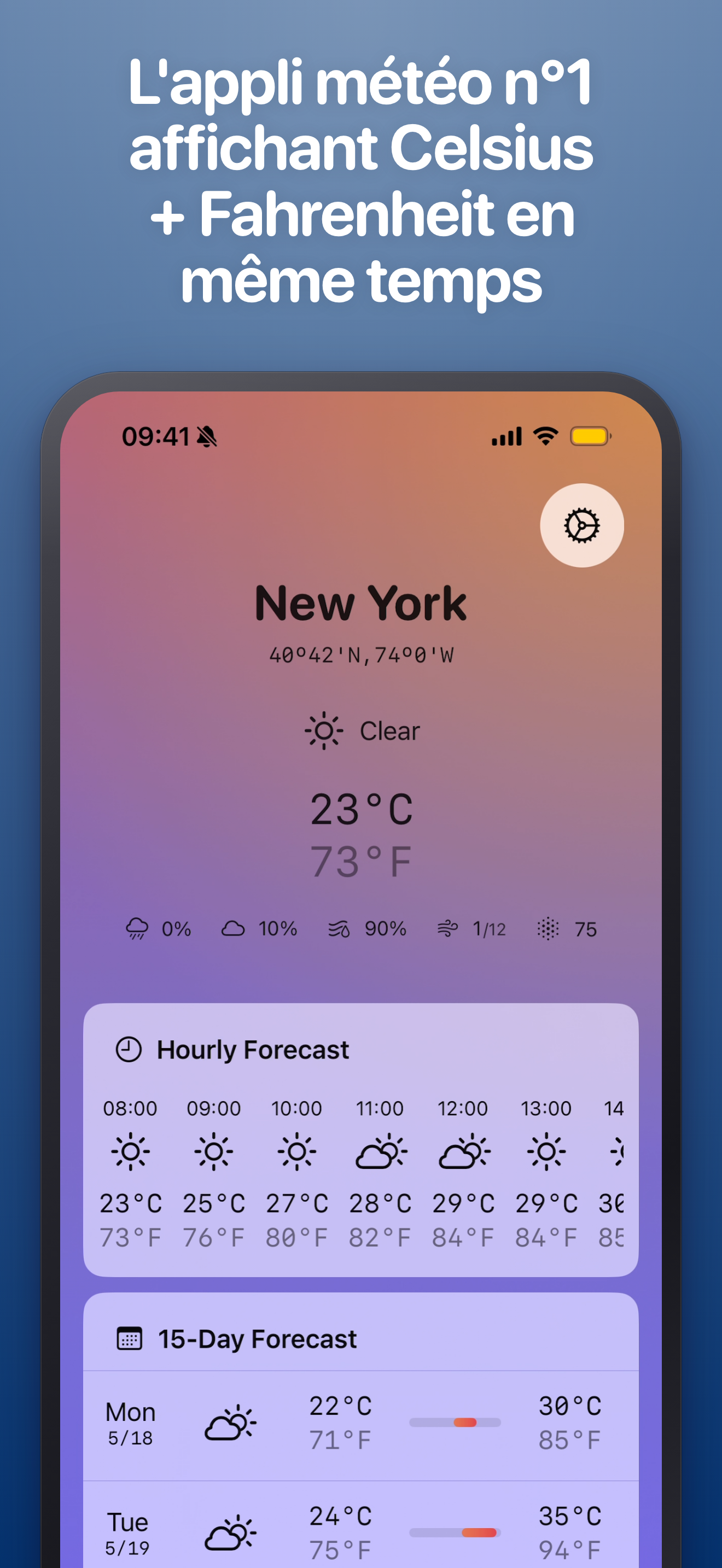 Franz Fahrenheit affichant la météo de New York avec Celsius et Fahrenheit en même temps